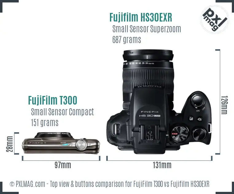 FujiFilm T300 vs Fujifilm HS30EXR top view buttons comparison