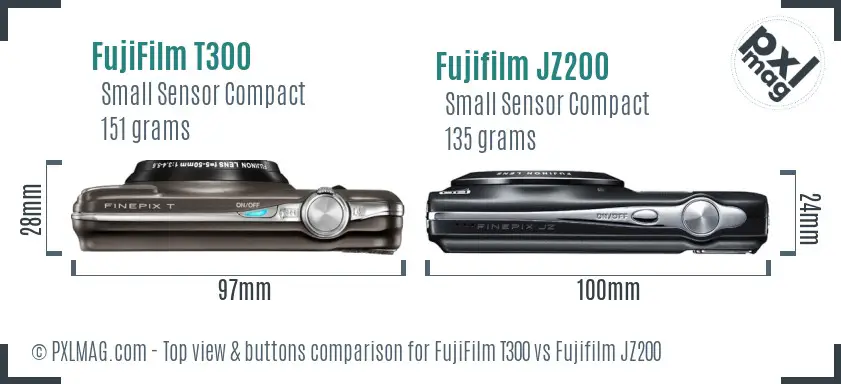 FujiFilm T300 vs Fujifilm JZ200 top view buttons comparison