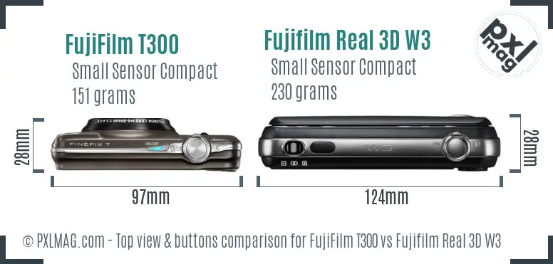 FujiFilm T300 vs Fujifilm Real 3D W3 top view buttons comparison FujiFilm T300 vs Fujifilm Real 3D W3 top view buttons comparison