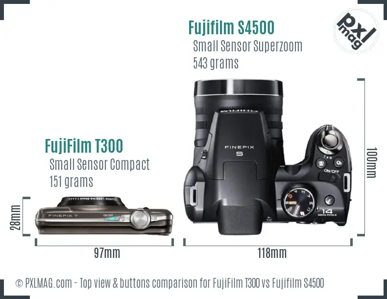 FujiFilm T300 vs Fujifilm S4500 top view buttons comparison FujiFilm T300 vs Fujifilm S4500 top view buttons comparison