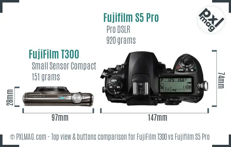 FujiFilm T300 vs Fujifilm S5 Pro top view buttons comparison FujiFilm T300 vs Fujifilm S5 Pro top view buttons comparison