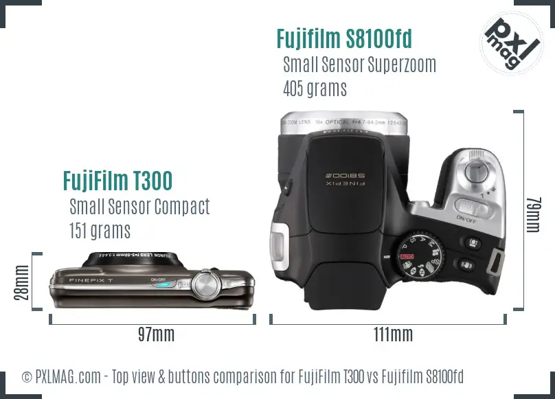 FujiFilm T300 vs Fujifilm S8100fd top view buttons comparison