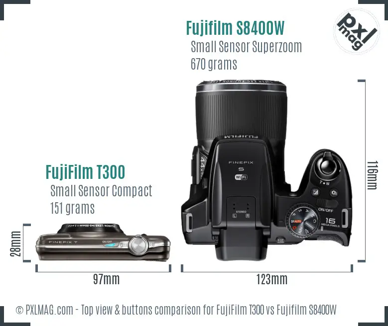 FujiFilm T300 vs Fujifilm S8400W top view buttons comparison FujiFilm T300 vs Fujifilm S8400W top view buttons comparison