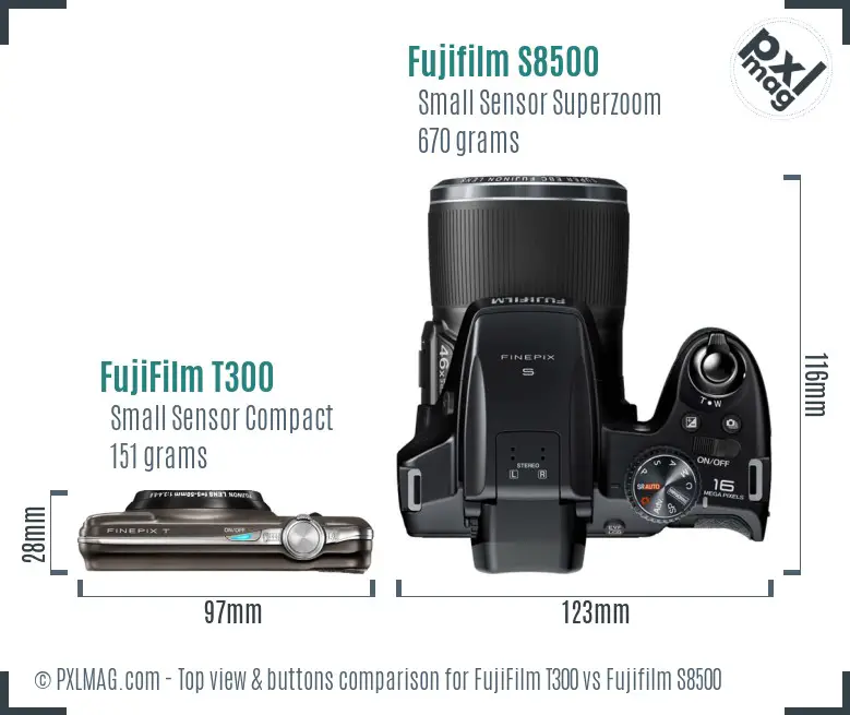 FujiFilm T300 vs Fujifilm S8500 top view buttons comparison