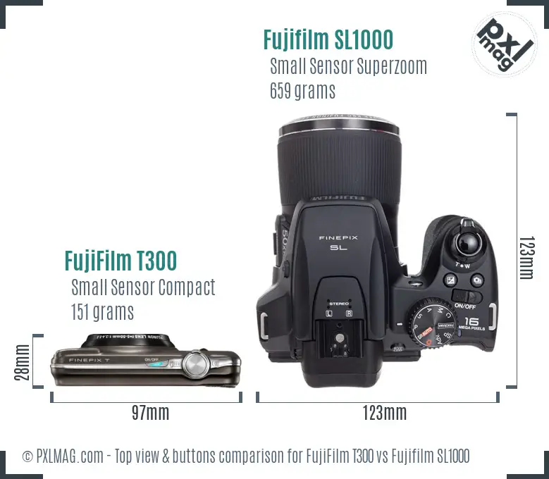 FujiFilm T300 vs Fujifilm SL1000 top view buttons comparison FujiFilm T300 vs Fujifilm SL1000 top view buttons comparison