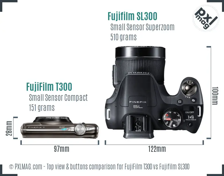 FujiFilm T300 vs Fujifilm SL300 top view buttons comparison