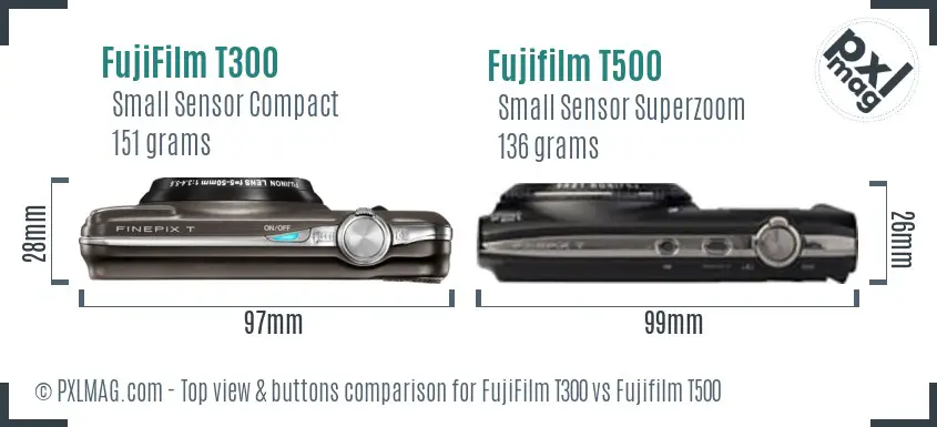 FujiFilm T300 vs Fujifilm T500 top view buttons comparison