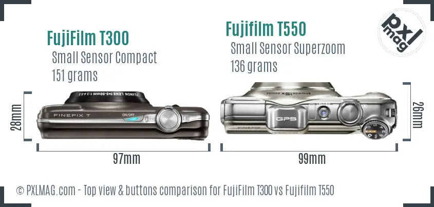 FujiFilm T300 vs Fujifilm T550 top view buttons comparison