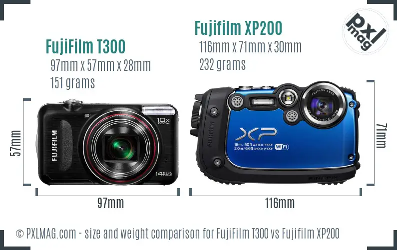 FujiFilm T300 vs Fujifilm XP200 size comparison