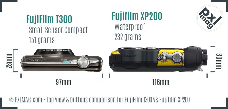 FujiFilm T300 vs Fujifilm XP200 top view buttons comparison