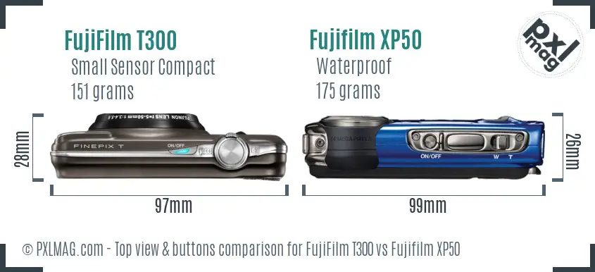 FujiFilm T300 vs Fujifilm XP50 top view buttons comparison FujiFilm T300 vs Fujifilm XP50 top view buttons comparison