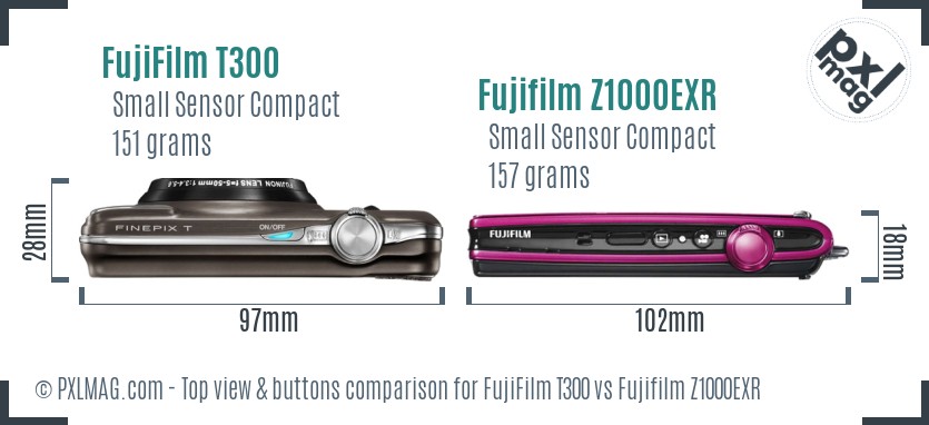 FujiFilm T300 vs Fujifilm Z1000EXR top view buttons comparison