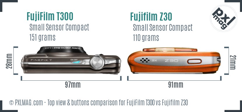 FujiFilm T300 vs Fujifilm Z30 top view buttons comparison