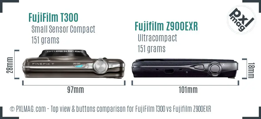 FujiFilm T300 vs Fujifilm Z900EXR top view buttons comparison