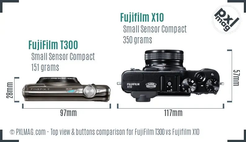 FujiFilm T300 vs Fujifilm X10 top view buttons comparison