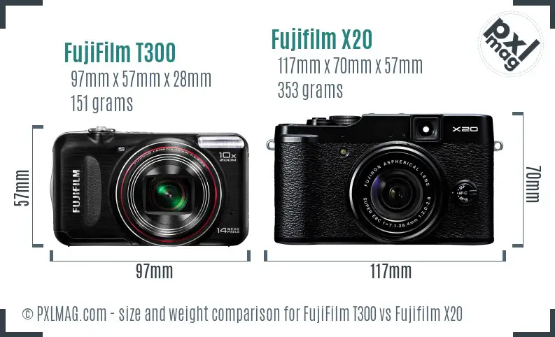FujiFilm T300 vs Fujifilm X20 size comparison