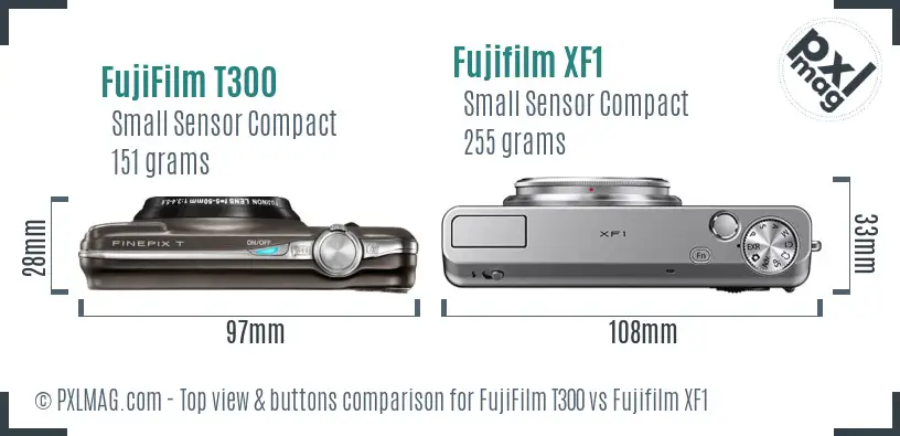 FujiFilm T300 vs Fujifilm XF1 top view buttons comparison FujiFilm T300 vs Fujifilm XF1 top view buttons comparison