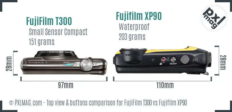 FujiFilm T300 vs Fujifilm XP90 top view buttons comparison