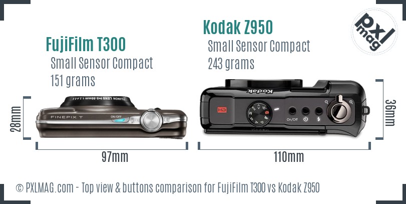 FujiFilm T300 vs Kodak Z950 top view buttons comparison