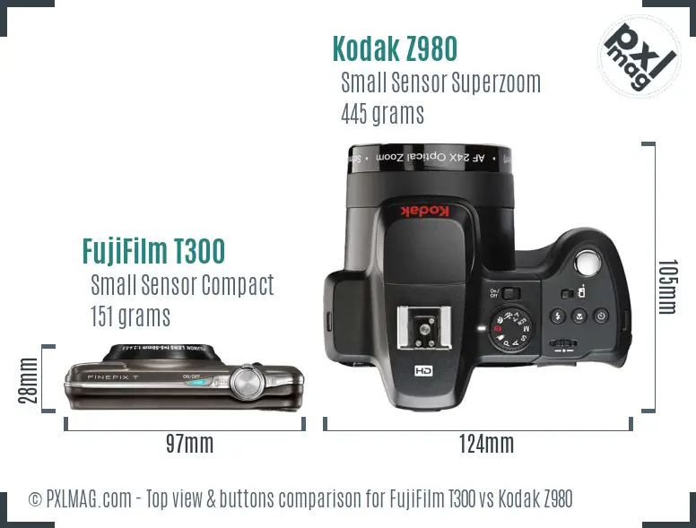 FujiFilm T300 vs Kodak Z980 top view buttons comparison