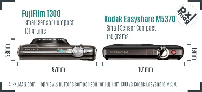 FujiFilm T300 vs Kodak Easyshare M5370 top view buttons comparison