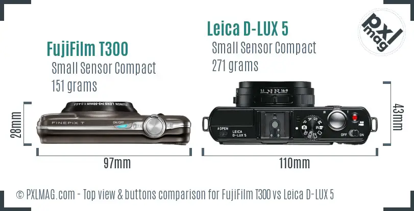 FujiFilm T300 vs Leica D-LUX 5 top view buttons comparison