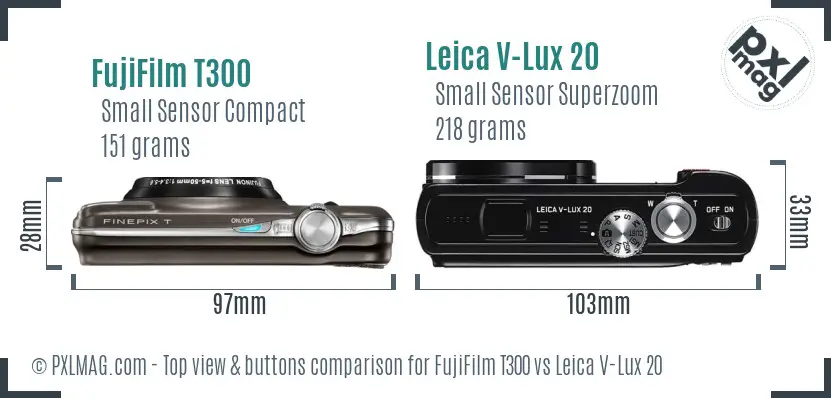FujiFilm T300 vs Leica V-Lux 20 top view buttons comparison
