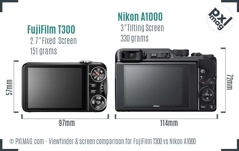 FujiFilm T300 vs Nikon A1000 Screen and Viewfinder comparison