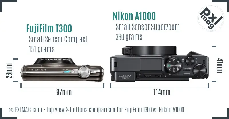 FujiFilm T300 vs Nikon A1000 top view buttons comparison