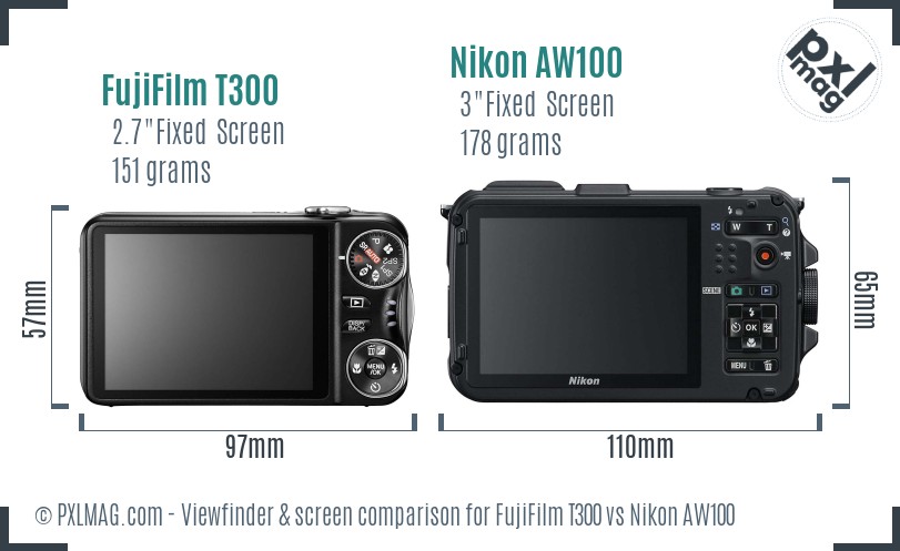 FujiFilm T300 vs Nikon AW100 Screen and Viewfinder comparison
