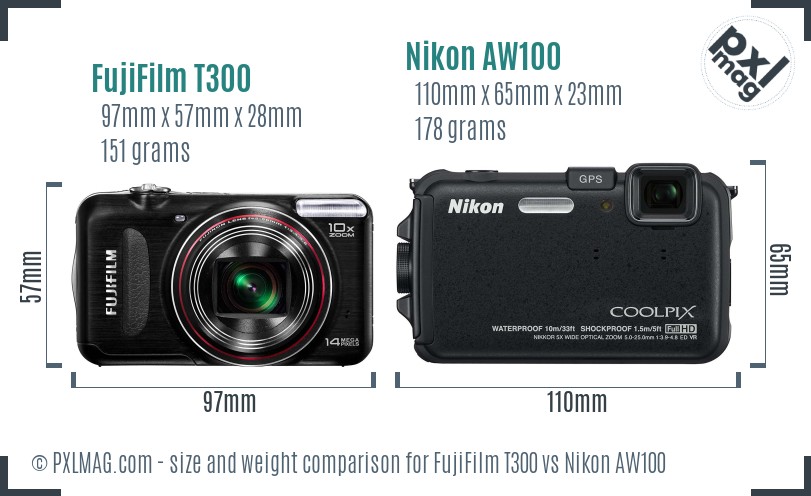 FujiFilm T300 vs Nikon AW100 size comparison