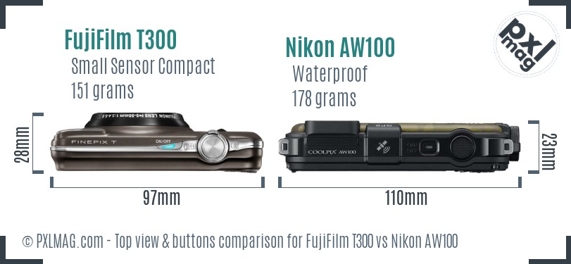 FujiFilm T300 vs Nikon AW100 top view buttons comparison
