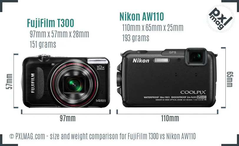 FujiFilm T300 vs Nikon AW110 size comparison