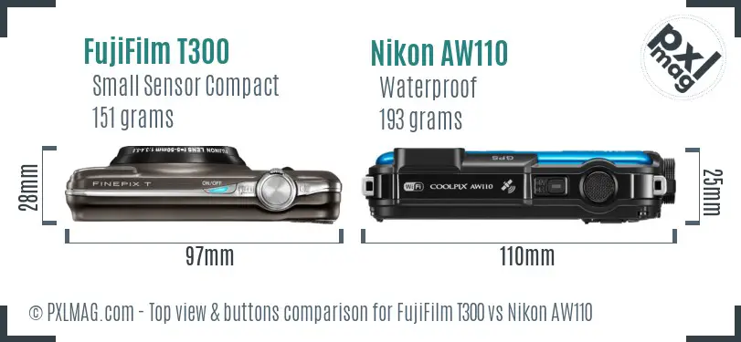 FujiFilm T300 vs Nikon AW110 top view buttons comparison