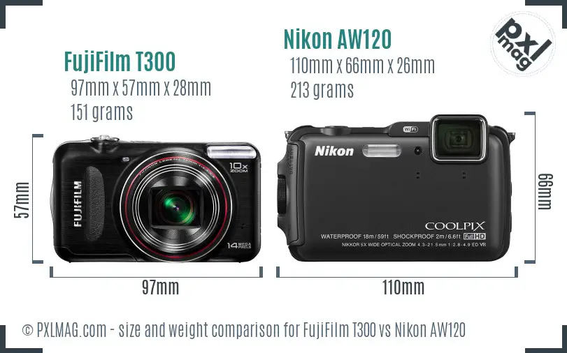 FujiFilm T300 vs Nikon AW120 size comparison