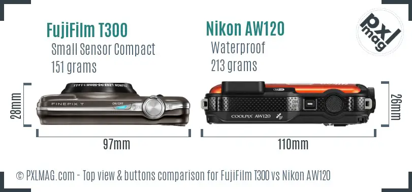 FujiFilm T300 vs Nikon AW120 top view buttons comparison