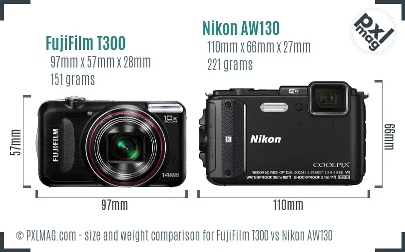 FujiFilm T300 vs Nikon AW130 size comparison