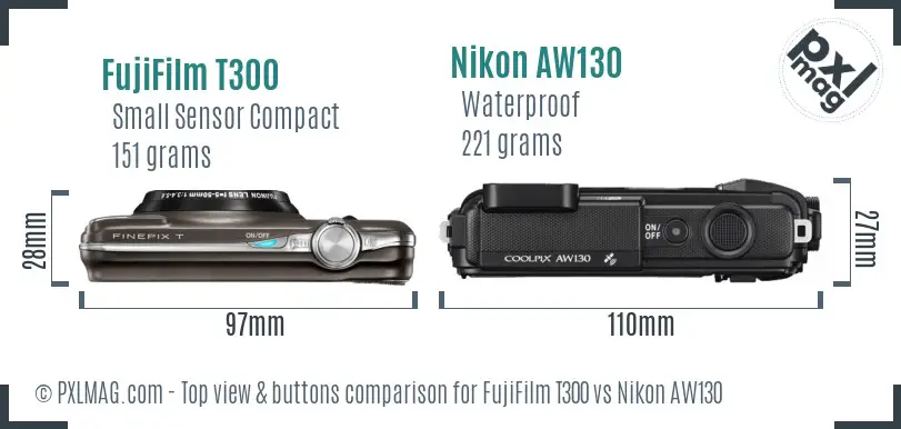 FujiFilm T300 vs Nikon AW130 top view buttons comparison