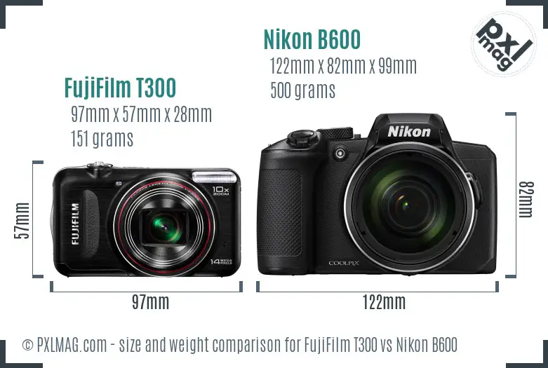 FujiFilm T300 vs Nikon B600 size comparison