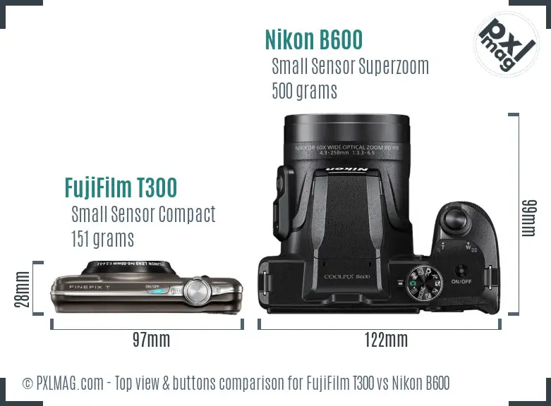 FujiFilm T300 vs Nikon B600 top view buttons comparison