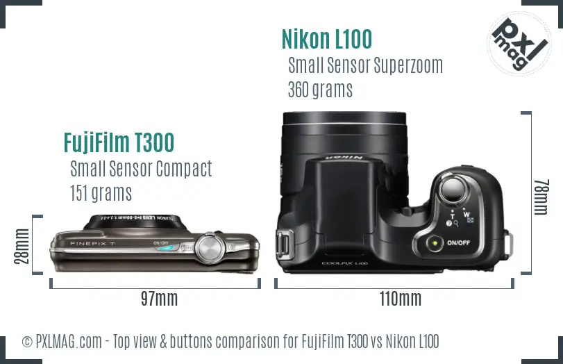 FujiFilm T300 vs Nikon L100 top view buttons comparison