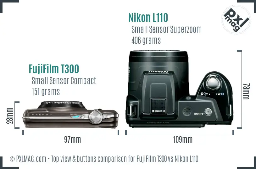 FujiFilm T300 vs Nikon L110 top view buttons comparison