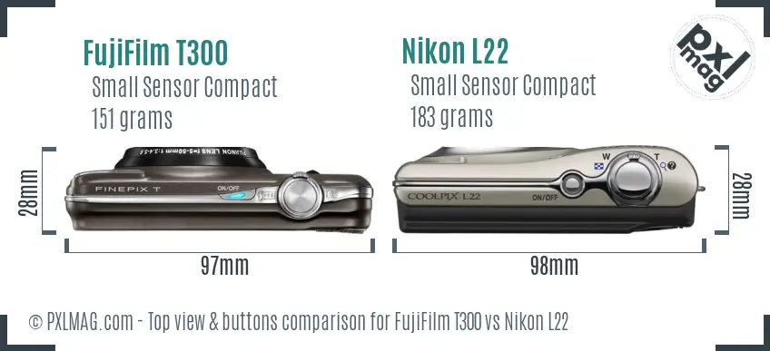 FujiFilm T300 vs Nikon L22 top view buttons comparison FujiFilm T300 vs Nikon L22 top view buttons comparison