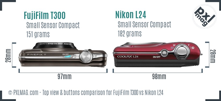 FujiFilm T300 vs Nikon L24 top view buttons comparison