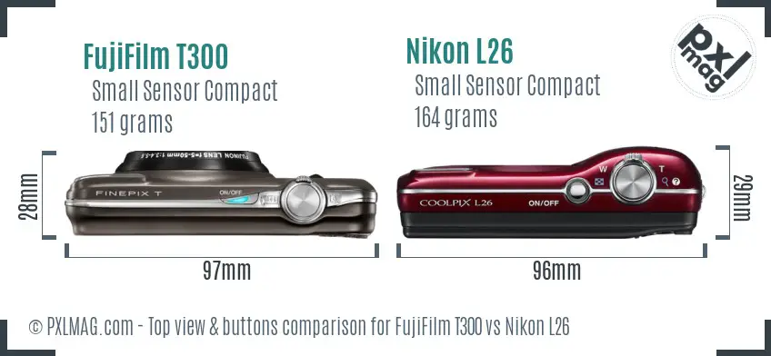 FujiFilm T300 vs Nikon L26 top view buttons comparison