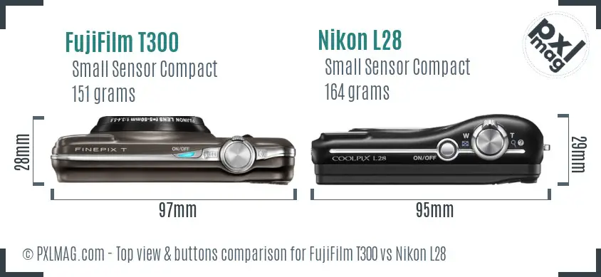 FujiFilm T300 vs Nikon L28 top view buttons comparison FujiFilm T300 vs Nikon L28 top view buttons comparison