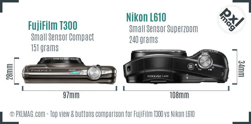 FujiFilm T300 vs Nikon L610 top view buttons comparison FujiFilm T300 vs Nikon L610 top view buttons comparison