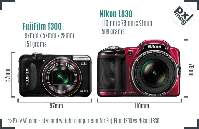 FujiFilm T300 vs Nikon L830 size comparison