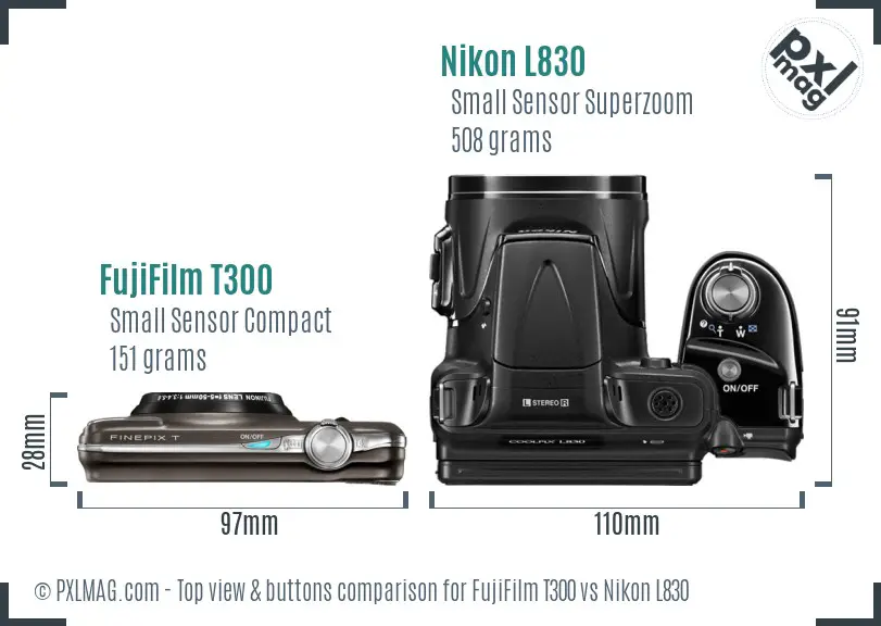 FujiFilm T300 vs Nikon L830 top view buttons comparison