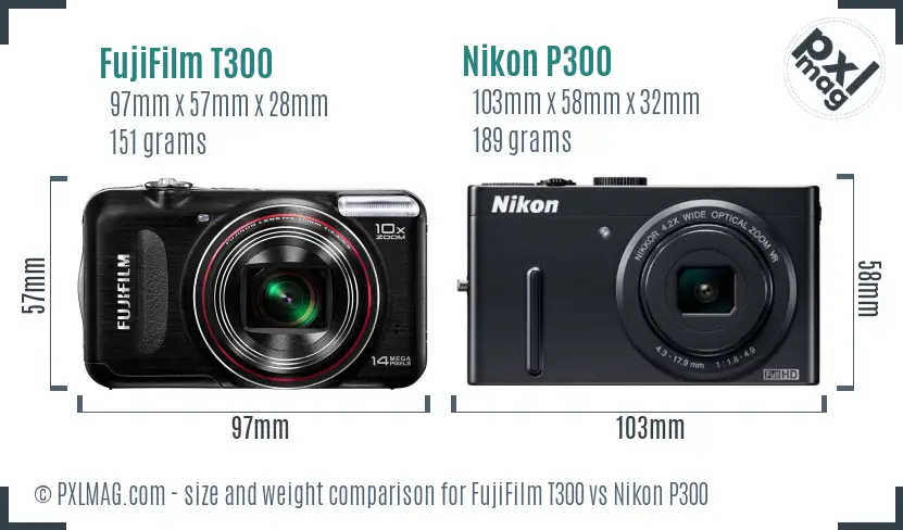 FujiFilm T300 vs Nikon P300 size comparison